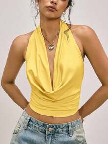 Blusa elegante y sexy de mujer con cuello drapeado y espalda descubierta de unicolor - amarillo ganso - Ver 7