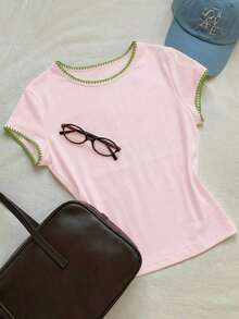 2026 Nueva Moda Camiseta Casual Versátil de Mujer con Cuello Redondo y Mangas Cortas, Contraste de Ribete, Top de Verano, Ropa de Primavera para Exteriores, Top Beige Casual Y2K - Multicolor 2 - Ver 2
