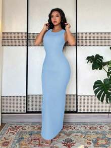 Vestido largo de mujer de vestido de escote con estampado de teñido anudado, vestido de verano largo, vestido largo verde maxi para outfit de mujer - Gris azul - Ver 5