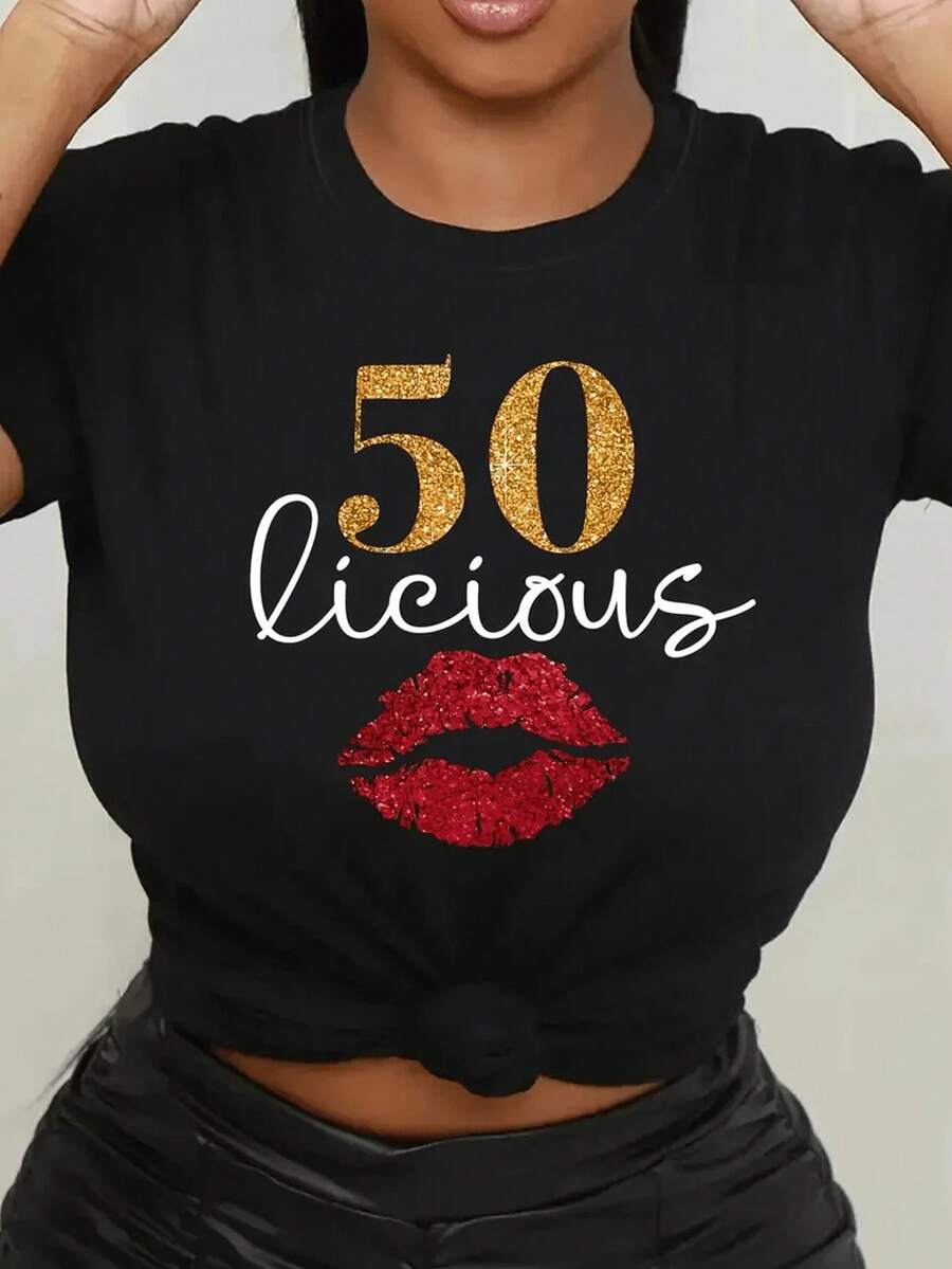 Women's T-Shirt With 50th Birthday Celebration Print - Washed Cotton Short Sleeve Crew Neck T-Shirt, The Perfect Choice For Summer Casual Wear. - Black - View 1