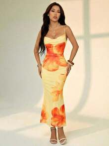 Vestido con tirantes de escote bajo y estampado floral rosa para estilizar la figura de mujer.Conjunto elegante y sexy para las vacaciones de verano - Multicolor - Ver 4