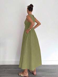 Vestido sin mangas de línea A de algodón y lino para mujer, primavera/verano - Verde - Ver 5