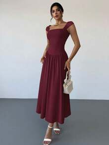 Vestido largo elegante con cuello cuadrado, mangas de campana y lazo en la cintura, con pliegues.Adecuado para citas, primavera/verano, vestidos de verano para mujeres - Burdeos - Ver 3