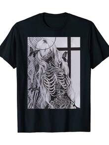2026 Fashion T-Shirt With Gothic Horror Print By Kiristyle - Solid Black T-Shirt With Macabre Skull And Flower Pattern - Unisex Adult Top, Suitable For Gothic, Grunge, And Punk Styles - For All Seasons And Halloween Costumes - Soft Casual Gothic Garment, Gothic Style Accessory - 黑色 - 查看 6