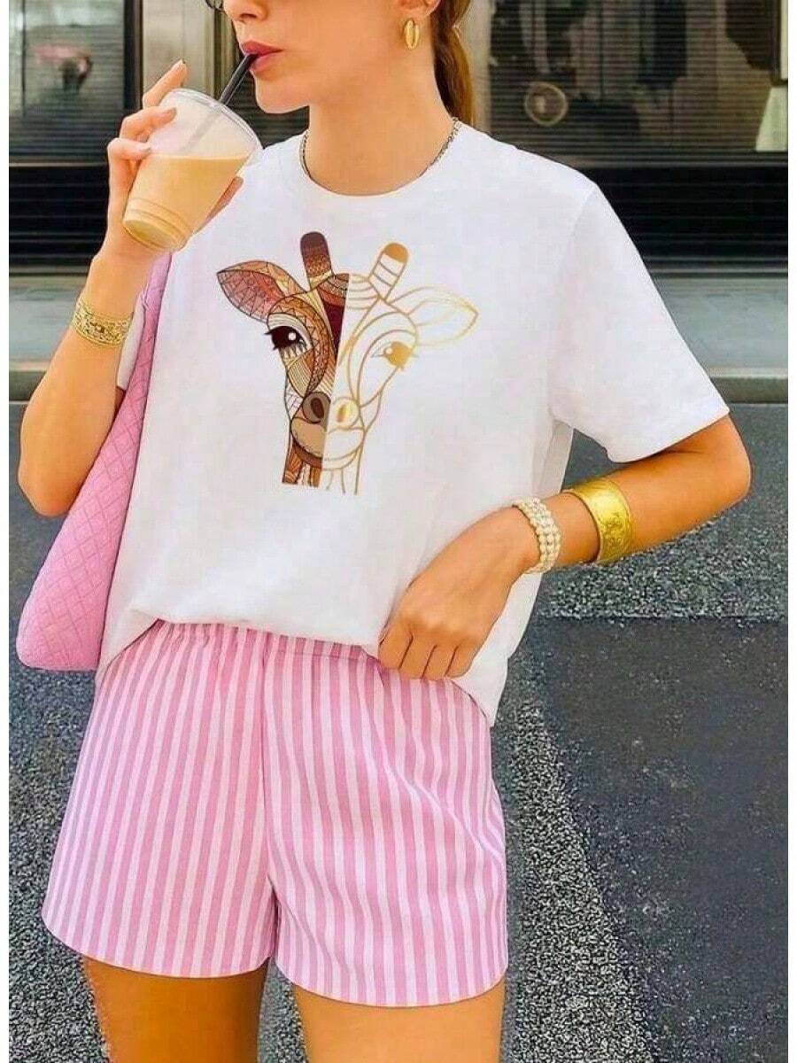 A Short-Sleeved T-Shirt With A Retro American Style, Loose Fit, Print (The Pants Are Just Style Suggestions), Thick Multicolored T-Shirt, 100% Cotton Material, Modern Print, Suitable For Both Men And Women, New Spring/Summer/Autumn Style, Breathable And Comfortable, Simple And Versatile, The Stylish Unisex Tropical Print T-Shirt Is Very Suitable For Holidays, Halloween And Mexican Independence Day Parties. - 白色 - 查看 1