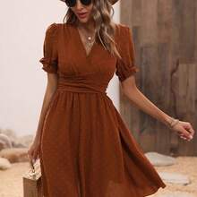 Swiss Dot Puff Sleeve Ruffle Detail Shirred Waist A-line Dress - Verde militar - Ver 2