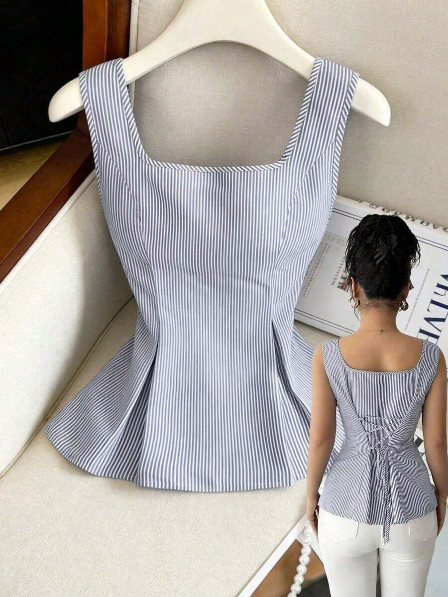 Camisa sin mangas elegante con cuello cuadrado, cintura atada y rayas para el verano 2025 - Negro 2 - Ver 1