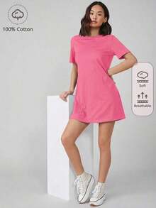 Vestido corto de mujer de unicolor para uso casual, diario y de fiesta - Rosa Fucsia - Ver 2