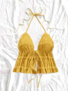 Nuevo top sin espalda con tirantes ajustables y textura, para primavera, verano, Pascua, festivales de música electrónica, estilo occidental para mujer, bohemio, vaquera, modesto, estilo fairy core, vacaciones tropicales, despedida de soltera, - Naranja - Ver 3