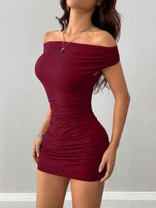 Vestido mini con hombros descubiertos y volantes, sexy - Burdeos - Ver 6