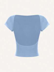 Camiseta casual de mujer de cuello de pico, manga corta y ajustada, versátil - Azul - Ver 1