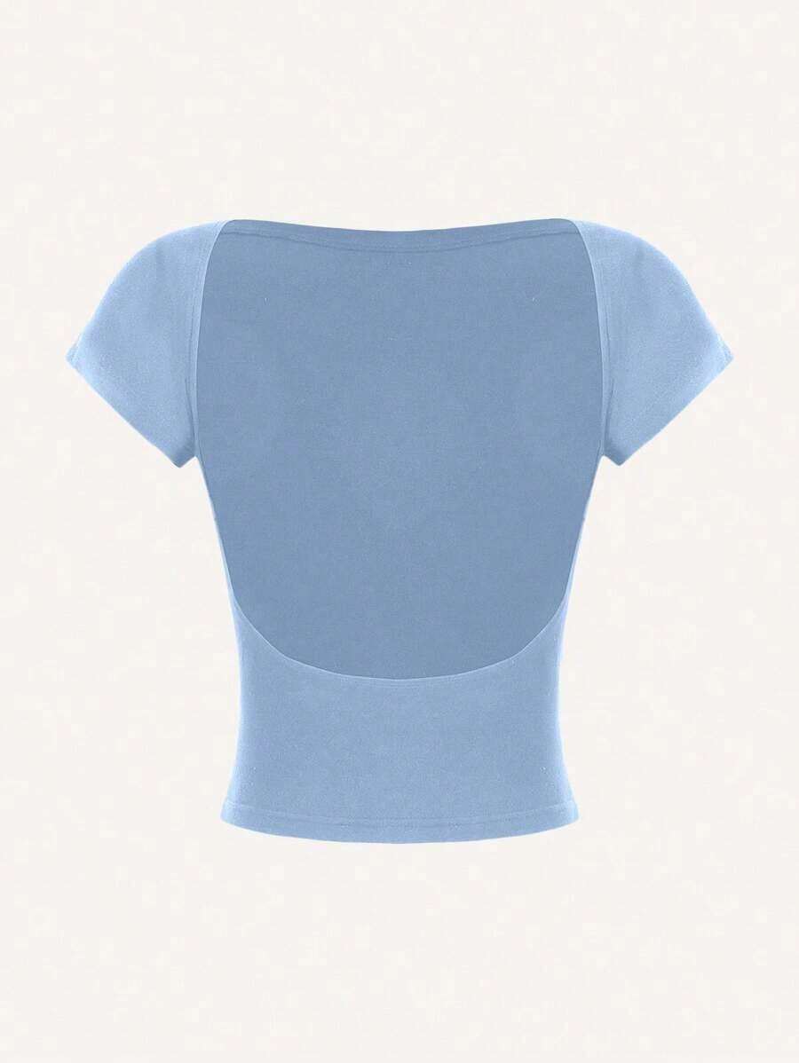 Camiseta casual de mujer de cuello de pico, manga corta y ajustada, versátil - Azul - Ver 1