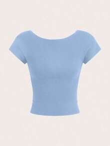 Camiseta casual de mujer de cuello de pico, manga corta y ajustada, versátil - Azul - Ver 3