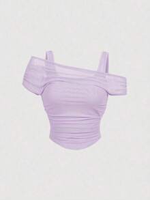 Top de chaleco de unicolor cubierto por una manga abullonada de malla color albaricoque para mujer - Lila Púrpura - Ver 1