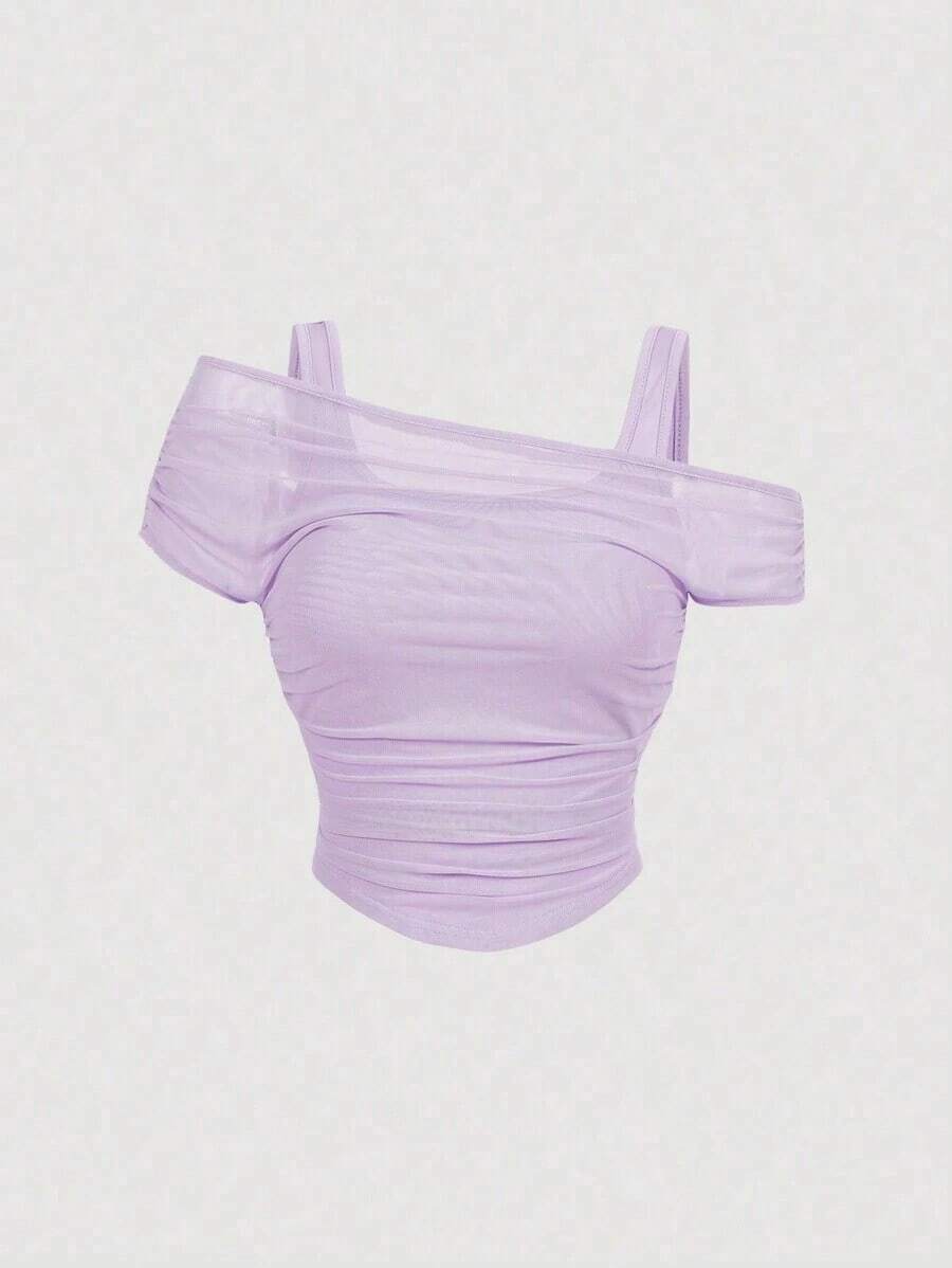 Top de chaleco de unicolor cubierto por una manga abullonada de malla color albaricoque para mujer - Lila Púrpura - Ver 1