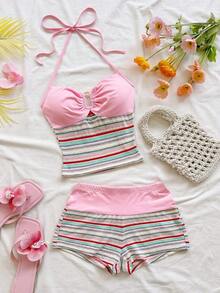 2 piezas Conjunto de camiseta de tirantes y pantalones cortos de punto a rayas con hebilla de metal, estilo casual de vacaciones, adecuado para fiesta, San Valentín, cita, discoteca, bohemio, vacaciones, otoño, ropa de mujer, vintage, días fest - Multicolor 4 - Ver 3