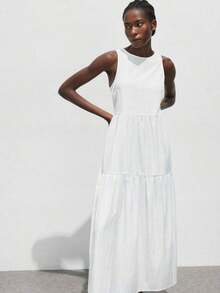 Vestido casual de vacaciones con diseño de volantes escalonados en verde jade, vestido cómodo con cuello redondo, división horizontal, parches y fruncidos, atuendo bohemio de playa, elegante vestido de estilo occidental para vacaciones de muje - Blanco - Ver 6