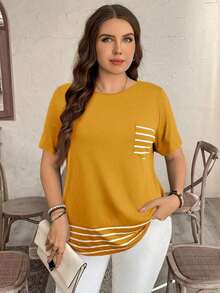 Camiseta casual de talla grande con bolsillo y rayas de contraste, prenda de vestir occidental estilo boho bohemio, top de festival de los 90, verano y primavera - Amarillo - Ver 5