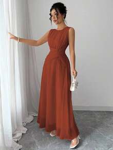 Vestido maxi casual, romántico, vintage y elegante de gasa para mujer con cordón en la cintura, para la playa, el té de la tarde, fiestas de noche, uso diario, sin mangas, de unicolor, vestido largo, primavera/verano - Óxido marrón - Ver 7