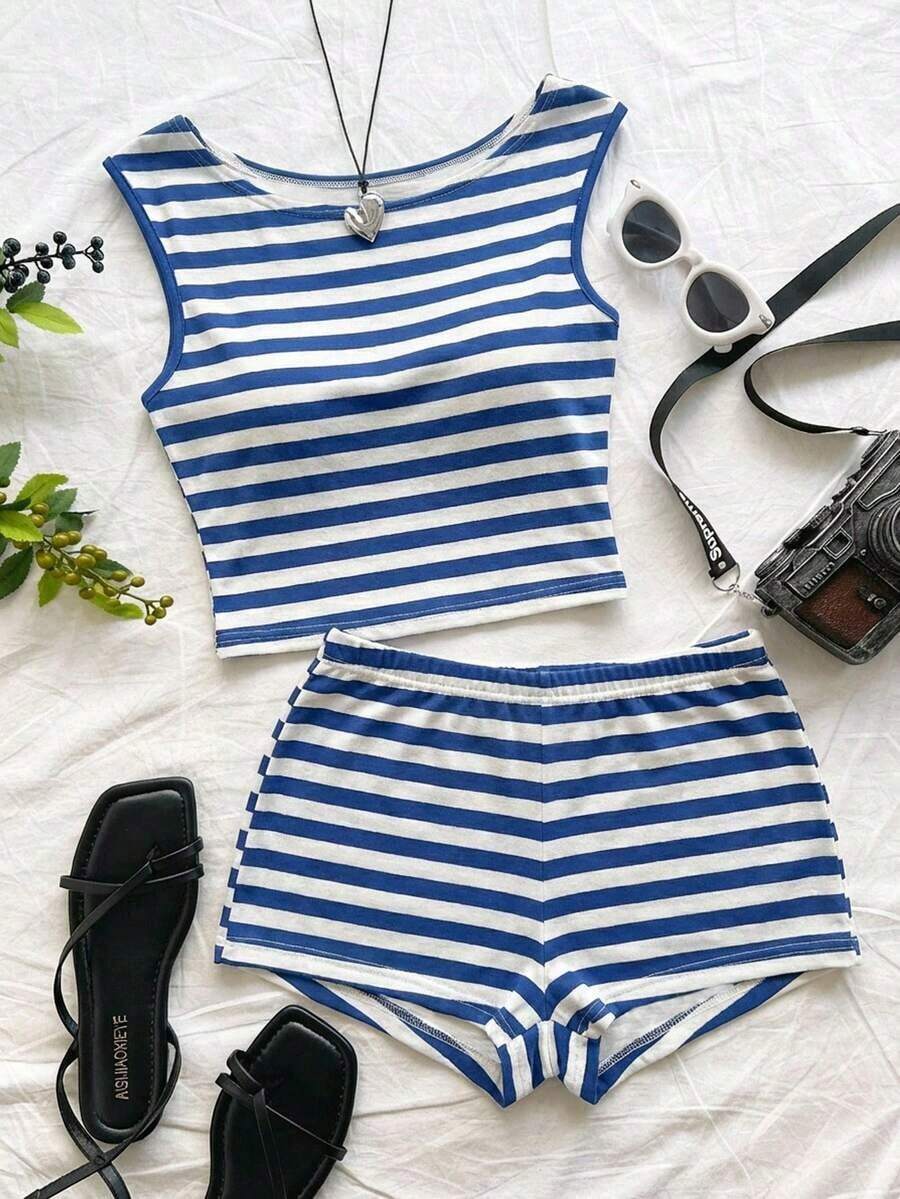 Eduarda Gutierrez Conjunto de 2 piezas para mujer con top corto de punto a rayas y shorts ajustados de tiro súper bajo, atuendo adecuado para vacaciones, fiestas, Navidad, San Valentín, citas, playa, crucero, carnaval, Pascua, Año Nuevo Chi - Multicolor 6 - Ver 1