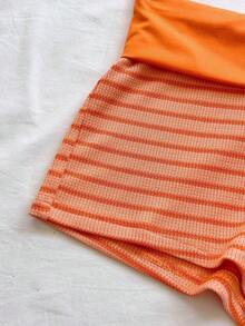 2 piezas Conjunto de camiseta de tirantes y pantalones cortos de punto a rayas con hebilla de metal, estilo casual de vacaciones, adecuado para fiesta, San Valentín, cita, discoteca, bohemio, vacaciones, otoño, ropa de mujer, vintage, días fest - Naranja - Ver 6