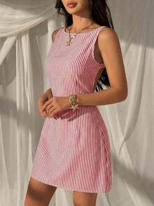 Vestido mini sin espalda y sin mangas con rayas azules tejido para mujeres - Rojo y blanco - Ver 4