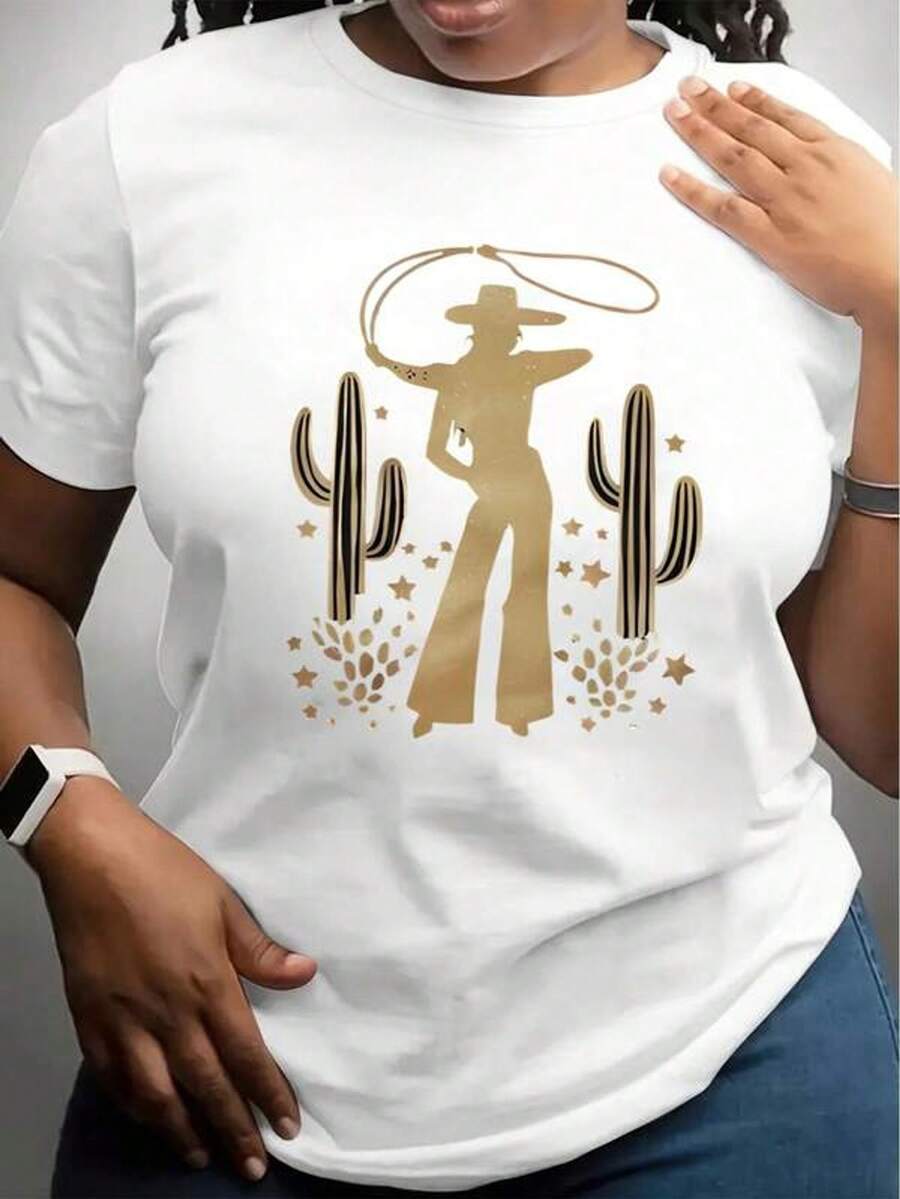 Camiseta blanca con estampado de mujer vaquera y cactus en dorado para fiesta del oeste o uso casual