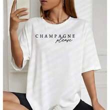 Camiseta de manga corta de verano estilo coreano de algodón estampada para mujer, color champán, con cuello redondo, estampado de letras, holgada, casual y versátil, para uso diario, playa, fiesta, vacaciones, camiseta de verano. - Blanco - Ver 4