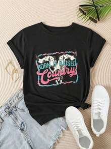 Camiseta Casual de Moda para Mujer con Estampado de Vaca Vintage, Adecuada para Todas las Temporadas  
 BlackFashion - Negro - Ver 2