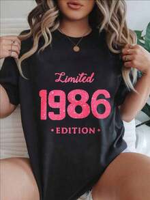 Camiseta Casual Estampada de Moda para Mujer, Edición Limitada 1986, Adecuada para Todas las Temporadas  
 -Blanco - Negro - Ver 7