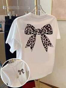 Camiseta de manga corta de talla grande para mujer - Camiseta básica casual de corte holgado, elegantes tops de poliéster, camiseta de manga corta con lazo y estampado de leopardo - Camiseta estampada de primavera/verano para mujer, artículo de moda transpirable y cómodo. - Blanco - Ver 11