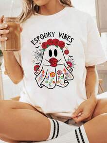 Women's 100% Cotton T-Shirt With Halloween Graphics, Spooky Vibes Print, Halloween Ghost, Mexican Seashell, Spooky Mama T-Shirt. Loose, Casual, And Versatile Y2K Style. - 白色 - 查看 10