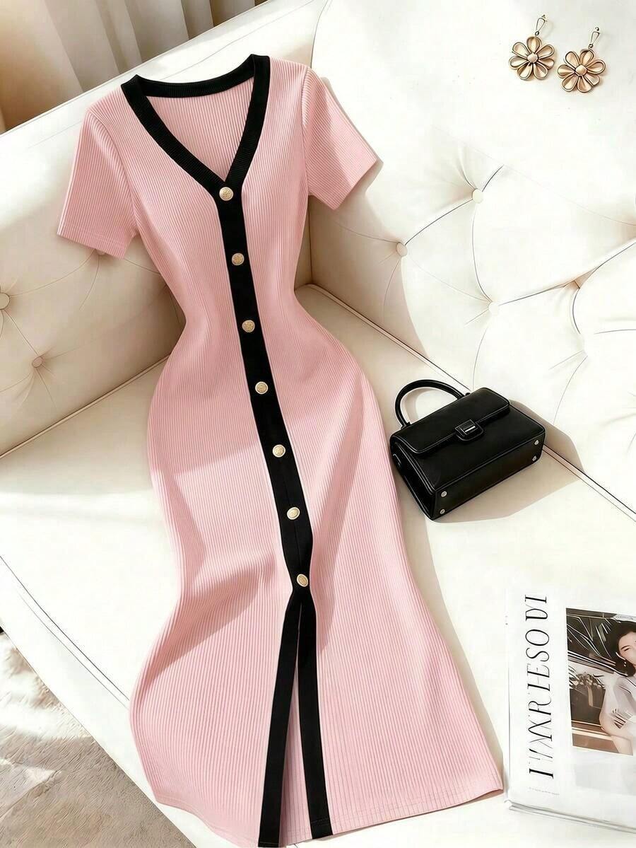 YHHFranclia Vestido informal/de trabajo para mujer, estilo francés, con escote en V, ribete de rayas verticales, botones y abertura frontal en el dobladillo.YHH - Rosa - Ver 1