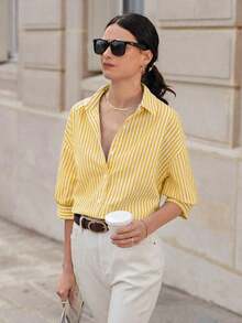 de hombros caídos con estampado de rayas, blusas de verano para vacaciones - Amarillo - Ver 4