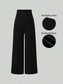 Pantalones anchos de cintura alta de unicolor de uso casual para mujeres - Negro - Ver 9