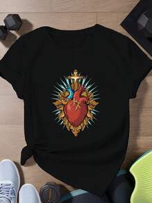 Camiseta deportiva de manga corta para mujer de talla con el Sagrado Corazón de Jesús. - Negro - Ver 1