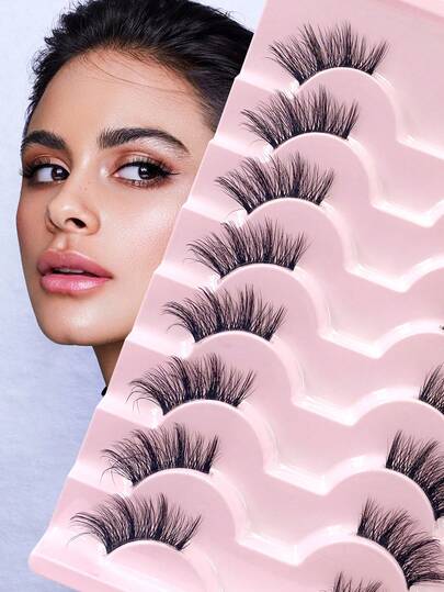 ENCHUW 8 Pairs False Eyelashes Fluffy Lashes With Clear Band Faux Mink Lashes Fake Eyelashes Curling Strip Lashes For Daily Wear