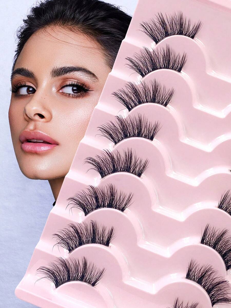 ENCHUW 8 Pairs False Eyelashes Fluffy Lashes With Clear Band Faux Mink Lashes Fake Eyelashes Curling Strip Lashes For Daily Wear - Black - View 1