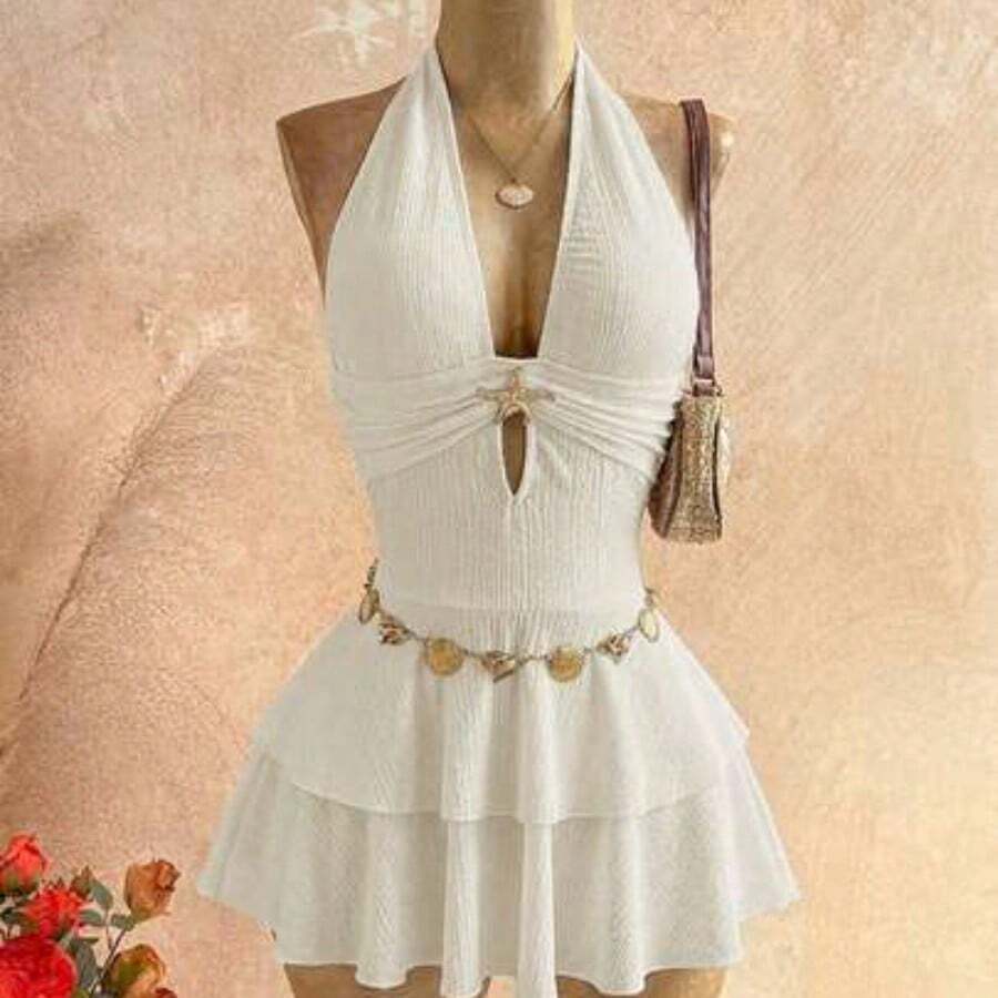 WYWH Women's Solid Color Halter Metal Decor Fashion Date Party Mini Dress - Albaricoque - Ver 1