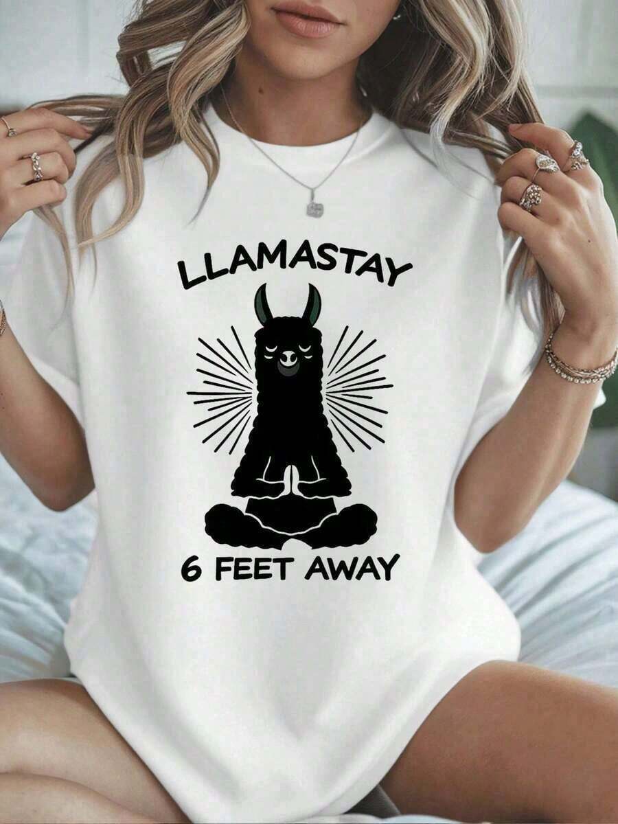 Summer1 Llamastay Yoga Graphic Graphic Casual T-Shirt, 100% Cotton, Loose Fit, Urban Hip Hop Style, Comfortable And With A Graphic Design. 100% Cotton. Women's Short-Sleeved T-Shirt, A Basic Style That Goes With Everything, For Indoor And Outdoor Wear. - 白色的 - 查看 1