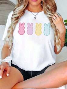 Camiseta de Mujer con Estampado Gráfico Temático de Pascua Premium, Moda Femenina, Casual, Cómoda, Suave, para Uso Diario, Deportes al Aire Libre, Fitness, Transpirable para el Hogar, Cuello Redondo, Manga Corta, Estilo Vintage Urbano, Unisex, Holgada, de Algodón, Ecológica. - Blanco - Ver 1