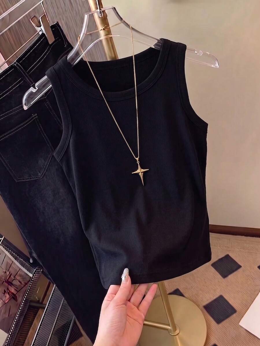 Summer New Arrival Minimalist Casual Round Neck Sleeveless Fitted Versatile Tank Top For Women - Black - View 1