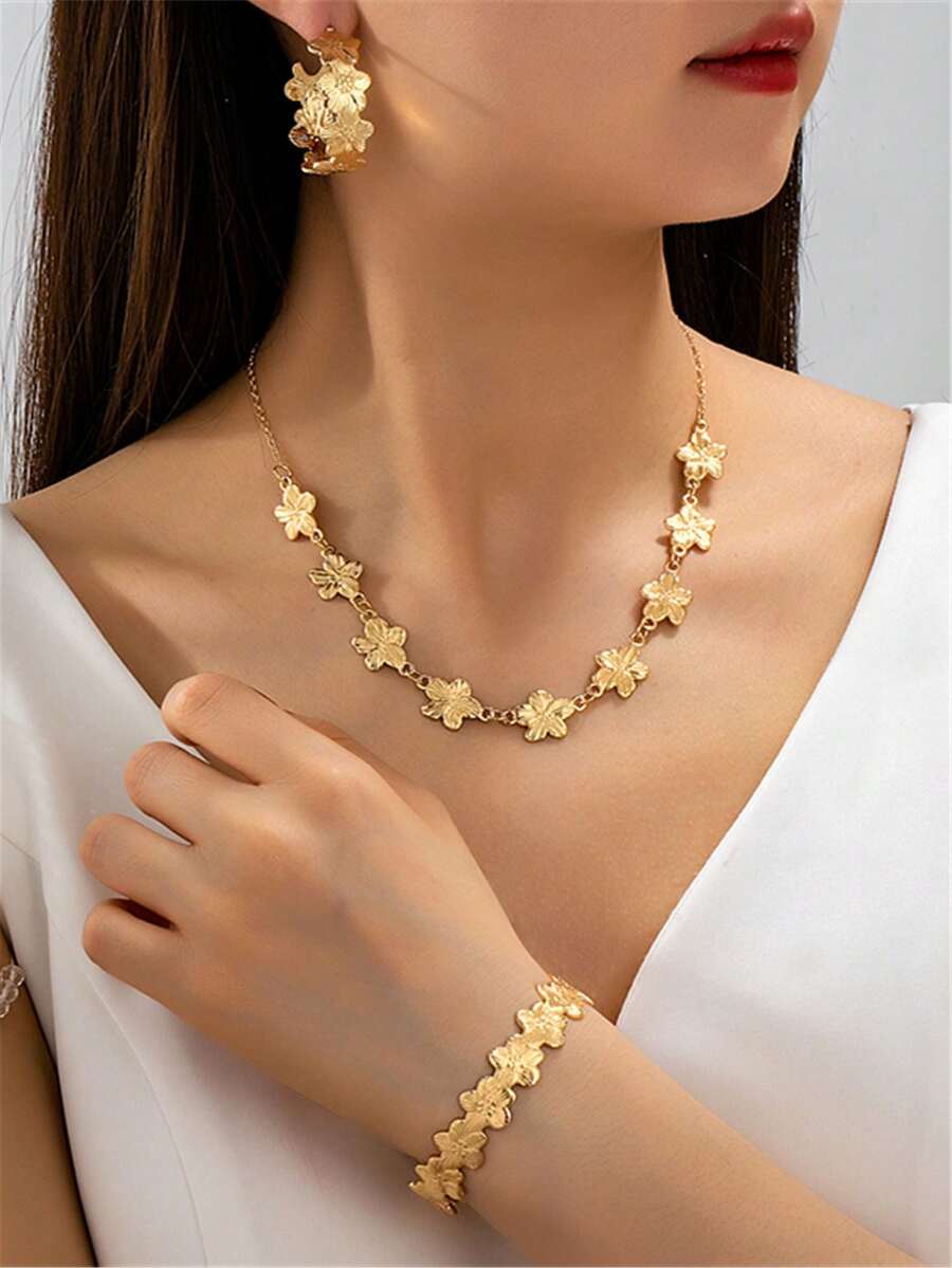 四件套首饰套装,新款欧美金花项链、耳环、手链套装,适合婚礼派对佩戴 - 金黃色 - 查看 1