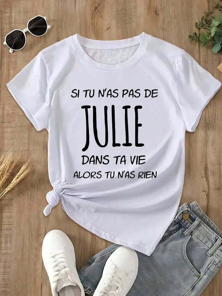 Camisetas gráficas divertidas de estilo francés, camiseta de manga corta para mujer, 100% algodón. Blusas Bonito 100% Algodón - Blanco - Ver 1