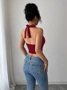 Top corto con escote halter, volantes y amarres en negro para mujer, ideal para vacaciones - Burdeos - Ver 2