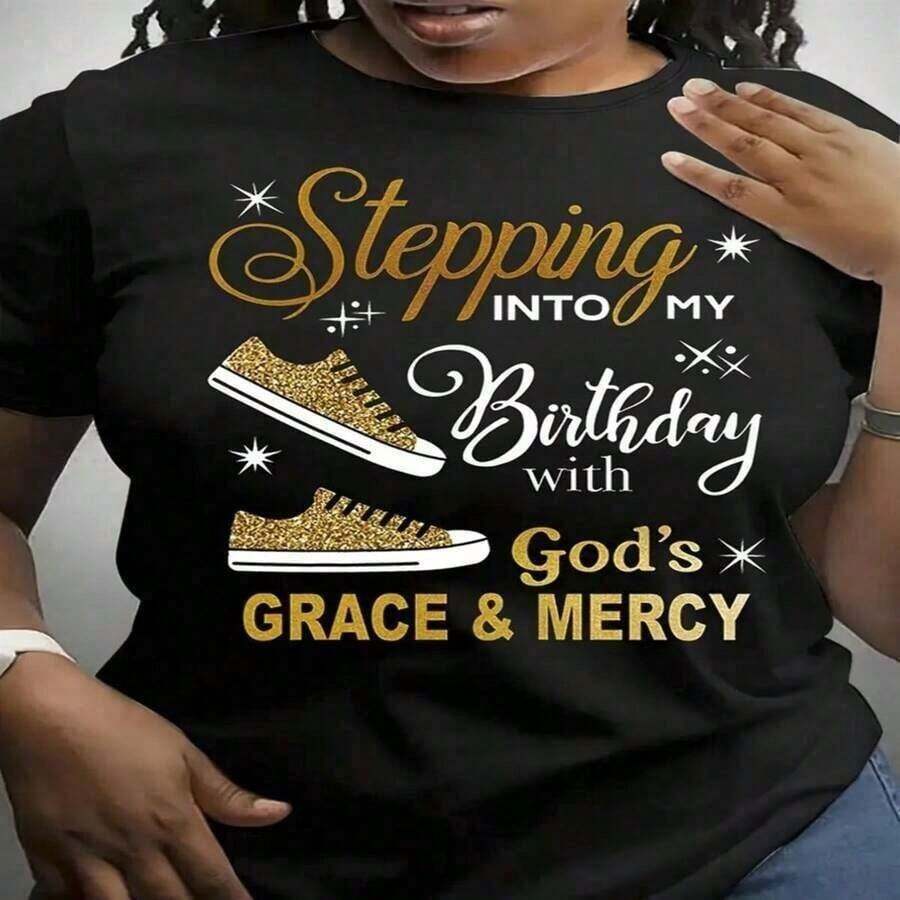 Top mujer1 camiseta de cumpleaños cristiana para mujer - "Cruzando mi cumpleaños con la gracia y misericordia de Dios" - Diseño de zapatillas doradas brillantes y estrellas - Camiseta de celebración basada en la fe - Camiseta suave para uso diario en eventos religiosos, fiestas de cumpleaños - Idea de regalo religioso - Negra, 180g, 100% algodón, los diseños están impresos. Unisexo. 2026 - Negro - Ver 1