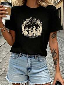 Nueva Colección 2026: Camiseta de Algodón para Mujer, Casual, Negra, de Manga Corta, Cuello Redondo, Tejida, con Estampado de Bosqueágico, Hombros Caídos, Ligera de Algodón - Negro - Ver 3