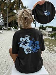 Under The Radar Women's Casual Black T-Shirt With Hawaiian Floral Aloha Print, Drop Shoulder, Short Sleeve, For Summer Vacation - Vintage Urban Style, Unisex, Cotton, Crew Neck, Short Sleeve - 黑色 - 查看 7