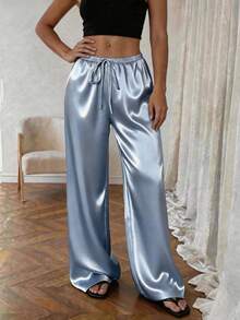 1pc Solid Color Drawstring Pocket Pants, Suitable For Home, Daily Wear, Holidays, Singles Party, Satin, All Seasons Spring - Sky Blue - View 5