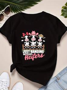 Camiseta de Manga Corta con Estampado de Vaca y Tema de Granja - Diseño de Vaca con Lunares y Puelas, Eslogan "Hanging with My Heifers", Rosa con Lunares - Tejido Suave y Elástico, I para Amantes de la Leche y Eventos Campestres - Negro - Ver 2